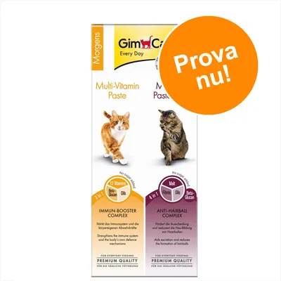 GimCat Multi-Vitamin Paste och Malt-Soft Paste för katter. Text: Prova nu! 12 Vitamins, Beta-Glucan, Oils, Immun-Booster Complex, Malt, Fibres, Anti-Hairball Complex.