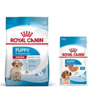 Royal Canin Size 3,5 à 15 kg pour chien + aliment humide : 15 % de remise ! - Medium Puppy (15 kg) + sachets Medium Puppy en sauce pour chiot (10 x 140 g)