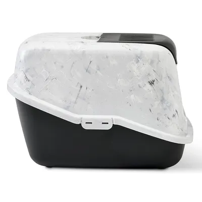 Covered litter box with a black base and marbled white top, shown from the side. Features a handle and ventilation slots on the lid.