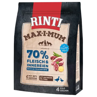 Rinti Max-i-mum 70 % Fleisch & Innereien, reich an frischer Ente, mit 30 % Gemüse, getreidefrei, 4 Kilogramm. Tekst på tysk. Rinti Max-i-mum 70 % Fleisch & Innereien, reich an frischer Ente, mit 30 % Gemüse, getreidefrei, 4 Kilogramm. Tekst på tysk.
