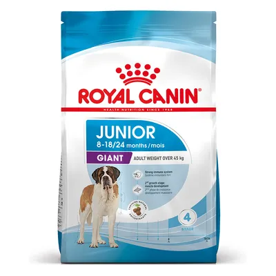 Royal Canin Junior Giant 8–18/24 mois, poids adulte plus de 45 kg. Système immunitaire fort, développement musculaire, antioxydants naturels. Chien illustré sur l’emballage.