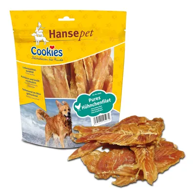 Hansepet Cookies Delikatessen für Hunde, Pures Hühchenfilet. Sušené kuřecí filety pro psy v sáčku, viditelné kousky masa před obalem. Text: Lebensmittelqualität, fettarm und leicht verdaulich.