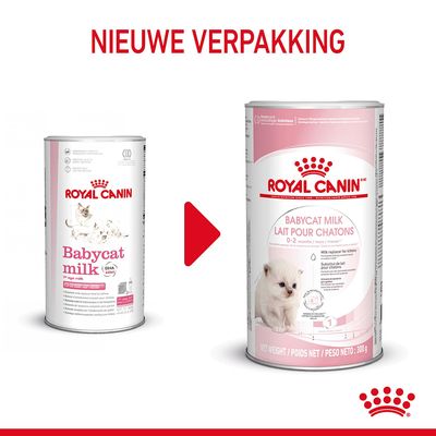 Royal Canin Babycat Milk oude en nieuwe verpakking, tekst: NIEUWE VERPAKKING. Beide blikken tonen merknaam, productnaam en afbeelding van een kitten. Nieuwe blik met extra tekst in Frans/Engels.
