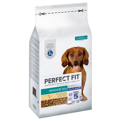 PERFECT FIT Senior 10+ hundefoder, Rich in Chicken, supports whole body health, total 5, <10kg, 6 kg pose. Synlig tekst: 'NO ADDED ARTIFICIAL COLOURS', 'WITH VETERINARIAN' og piktogrammer.