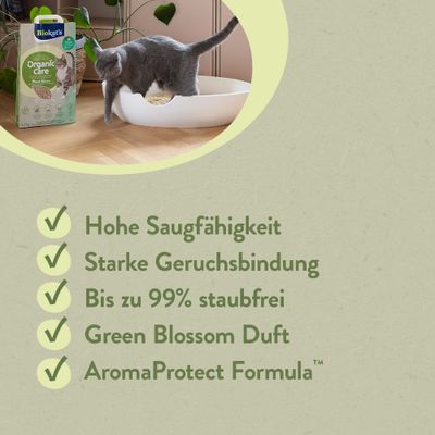 Biokat's Organic Care Plant Fiber Katzenstreu. Hohe Saugfähigkeit, starke Geruchsbindung, bis zu 99% staubfrei, Green Blossom Duft, AromaProtect Formula.
