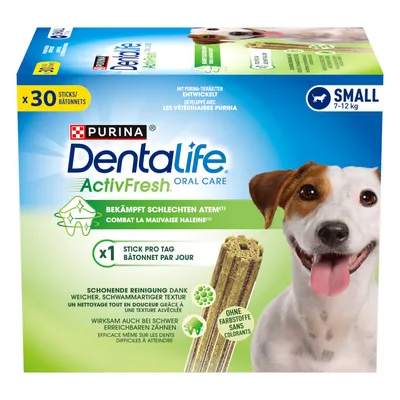 Purina Dentalife ActivFresh Soin Oral, 30 bâtonnets pour petits chiens (7–12 kg), combat la mauvaise haleine, 1 bâtonnet par jour, sans colorants, nettoyage en douceur des dents difficiles d’accès. Purina Dentalife ActivFresh Soin Oral, 30 bâtonnets pour petits chiens (7–12 kg), combat la mauvaise haleine, 1 bâtonnet par jour, sans colorants, nettoyage en douceur des dents difficiles d’accès.