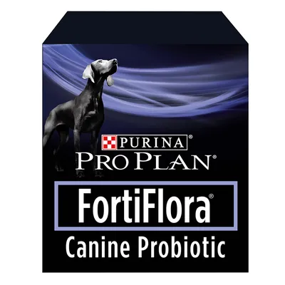 Опаковка с надписи Purina Pro Plan, FortiFlora, Canine Probiotic и изображение на черно куче. Текстът е на английски.