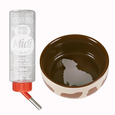 Drickflaska Classic Crystal De-Luxe Midi 320 ml med text och matskål i keramik med djursilhuett, röd procent-symbol för rabatt.