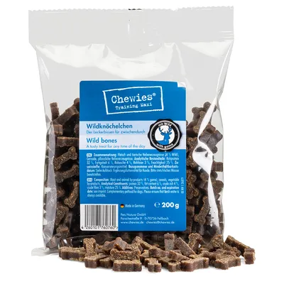 Chewies Training Maxi Wildknöchelchen, godbidder med 94% vildt, 200g. Supplerende foder til hunde. Fremstillet i Tyskland.