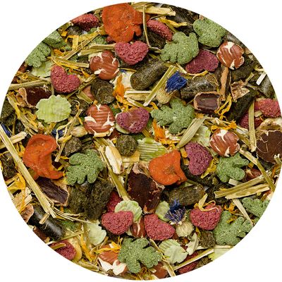 Vitakraft Life Wellness Zwergkaninchen-Hauptfutter, Made in Germany, ohne Getreide, mit Wellness-Mix, Omega 3+6, Mineralien und Vitaminen. Verpackung zeigt zwei Kaninchen und Herzschale mit Futter.