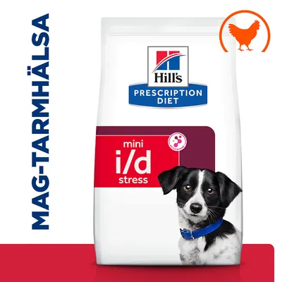 Hill's Prescription Diet mini i/d stress hundfoder, texten MAG-TARMHÄLSA till vänster och en orange kycklingsymbol uppe till höger på förpackningen.