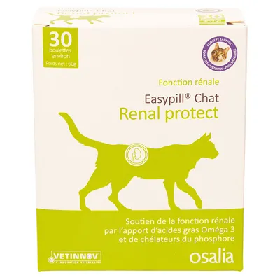 Easypill Chat Renal protect, 30 броя, нето тегло 60 г. Подкрепа на бъбречната функция. Марки: Vetinnov, osalia. Текстът е на френски език. Easypill Chat Renal protect, 30 броя, нето тегло 60 г. Подкрепа на бъбречната функция. Марки: Vetinnov, osalia. Текстът е на френски език.
