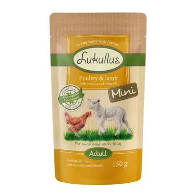 Lukullus Mini Adult drób i jagnięcina z ziemniakami i olejem konopnym, 150 g. Dla małych psów do 10 kg. Oryginalny smak, w Harmony with Nature.