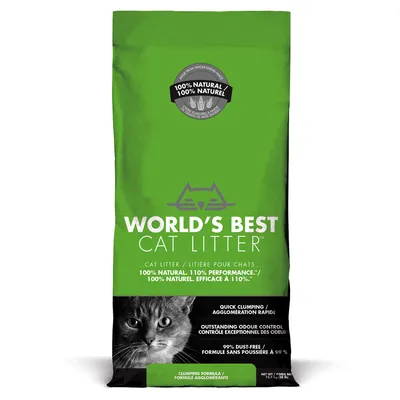 Συσκευασία World's Best Cat Litter με κείμενο: 100% natural, 110% performance, quick clumping, outstanding odour control, 99% dust-free. Εικόνα γάτας στο κάτω μέρος.