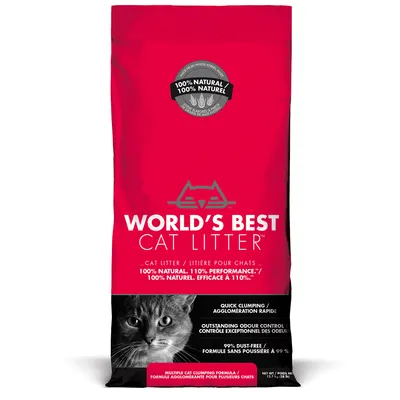 Συσκευασία World's Best Cat Litter με κείμενο: 100% NATURAL, 110% PERFORMANCE, QUICK CLUMPING, OUTSTANDING ODOUR CONTROL, 99% DUST-FREE. Εικόνα γάτας στο κάτω μέρος. Συσκευασία World's Best Cat Litter με κείμενο: 100% NATURAL, 110% PERFORMANCE, QUICK CLUMPING, OUTSTANDING ODOUR CONTROL, 99% DUST-FREE. Εικόνα γάτας στο κάτω μέρος.