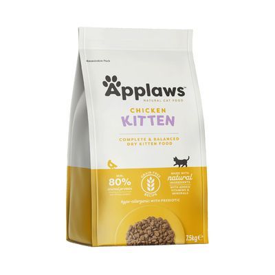 Applaws Chicken Kitten -kuivaruoka kissanpennuille, 2,5 kg. Pakkauksessa teksti: min. 80 % eläinproteiinia, viljaton resepti, valmistettu luonnollisista ainesosista.
