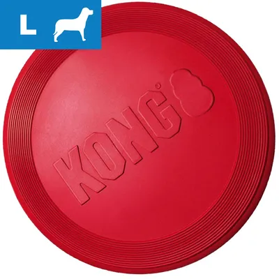 Large red KONG flying disc with embossed brand name, shown with a blue label featuring an L and a dog silhouette indicating size.