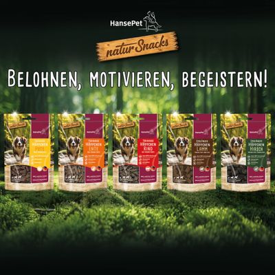 HansePet naturSnacks Trainingshappen: Pute, Ente, Rind, Lamm, Hirsch. Belohnen, motivieren, begeistern! 100% natürliche Zutaten, verschiedene Sorten sichtbar.
