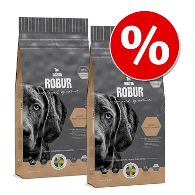 Bozita Robur Adult Maintenance храна за кучета, 78% животински протеин, произведено в Швеция, Super Functional Dog Food. Символ за отстъпка с процентен знак видим.