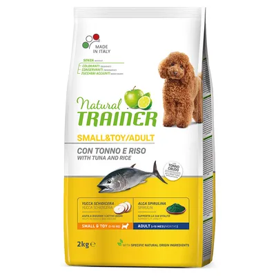 Natural Trainer Small & Toy/Adult s tuňákem a rýží, 2 kg. Pro malé psy 1–10 kg, dospělé od 10 měsíců. Bez barviv, konzervantů, přidaných cukrů. Vyobrazen pes, tuňák, jablko, spirulina.
