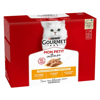 Purina Gourmet Mon Petit Intense, teneri bocconcini con tacchino, pollo e anatra in salsa. Confezione da 12x50g bustine monoporzione. Riciclabile.