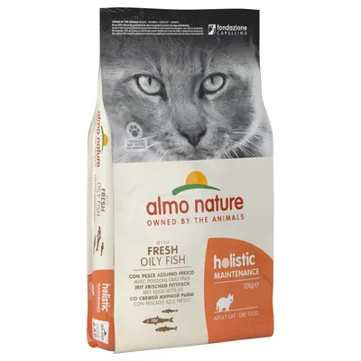 Karma sucha dla kotów almo nature holistic maintenance z rybą, 12 kg. Widoczne napisy: with fresh oily fish, adult cat dry food, product not tested on animals.