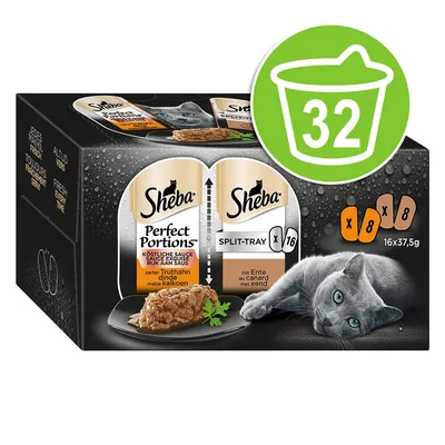 Pachet Sheba Perfect Portions Split-Tray, 32 porții (16x37,5g), cu imagine de pisică și două sortimente: curcan și rață. Inscripție vizibilă: 8x curcan, 8x rață.