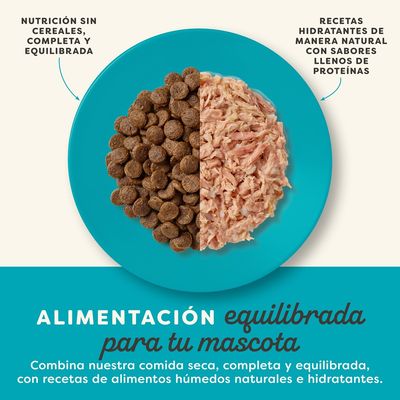 Plato con comida seca y húmeda, Texto: Alimentación sin cereales, completa y equilibrada. Recetas naturales y ricas en proteínas con alto contenido de humedad. Combina comida seca y húmeda.
