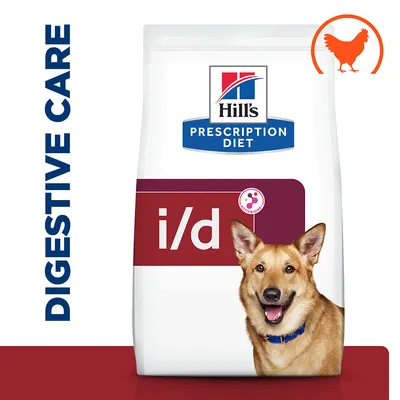 Hill's Prescription Diet i/d Digestive Care, image of a dog and chicken symbol on the packaging.