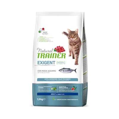 Natural Trainer Exigent храна за котки с синя риба, произведена в Италия, без оцветители, консерванти и добавена захар. За взискателни вкусове. Опаковка: 1,5 кг.