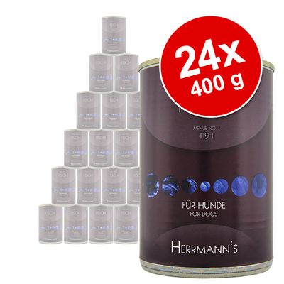 Herrmann's FÜR HUNDE FOR DOGS Menu No. 1 Fish, 24x400 g dåser hundemad vist med tydelig rød cirkel med teksten '24x 400 g' foran produkterne.