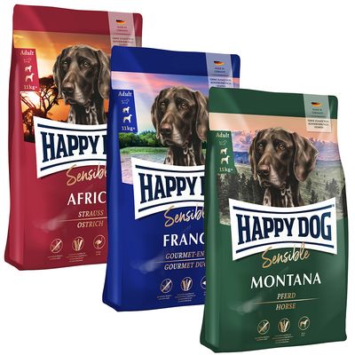 Happy Dog Supreme "Kulinarische Weltreise" 3 x 4 kg Africa, France, Montana (getreidefrei)