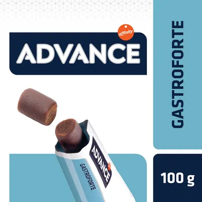 Advance Gastroforte, 100 g. Prikaz proizvoda s otvorenom ambalažom i vidljivim smeđim poslasticama.