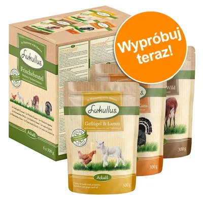 Zestaw saszetek Lukullus Adult, widoczne opakowanie zbiorcze 6 × 300 g oraz trzy smaki: Geflügel & Lamm, Gans, Wild. Pomarańczowe kółko z napisem „Wypróbuj teraz!”.