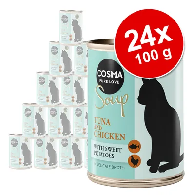 Cosma Pure Love Soup Tuna and Chicken with Sweet Potatoes kissanruoka, 24 x 100 g tölkkiä pakkauksessa. Etiketissä musta kissasiluetti ja tuotetiedot englanniksi.