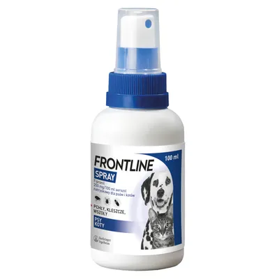 FRONTLINE SPRAY 100 ml, Fipronil 250 mg/100 ml aerozol, natryskowy dla psów i kotów. PCHŁY, KLESZCZE, WSZOŁY. Widoczne zdjęcia psa i kota na etykiecie.