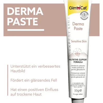 GimCat Derma Paste Sensitive Skin, unterstützt verbessertes Hautbild, fördert glänzendes Fell, positiver Einfluss auf trockene Haut. Nutritive-Support-Formula, 50g, Made in Germany. GimCat Derma Paste Sensitive Skin, unterstützt verbessertes Hautbild, fördert glänzendes Fell, positiver Einfluss auf trockene Haut. Nutritive-Support-Formula, 50g, Made in Germany.