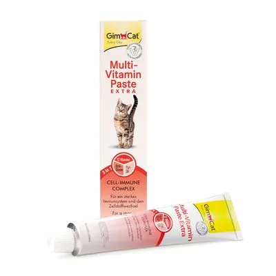 GimCat Multi-Vitamin Paste Extra, 3 in 1, 12 vitamines, Biotine, Cell-Immune Complex. Verpakking met kat en tube zichtbaar. Tekst deels in het Duits: Für ein starkes Immunsystem.