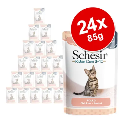 Schesir Kitten Care 3-12, 24x85g, kyckling. Förpackning med kattmotiv och röd mängdangivelse.