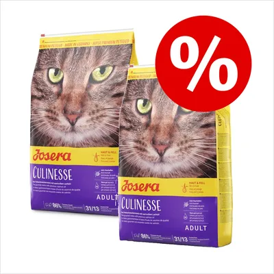 Josera Culinesse Adult Katzenfutter mit Haut & Fell Unterstützung. Zwei Packungen, Angebot mit rotem Prozentzeichen sichtbar.