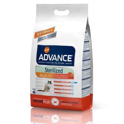 ADVANCE Sterilized Adult Salmon and Barley kattefoder, 3 kg. Tekst: Calory Control, Urinary Care, Dental Protection, Intestinal Health, Reinforced Formula IMMUNEPLUS, Scientifically Proven.