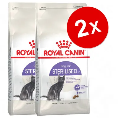 Lot de 2 sacs Royal Canin Regular Sterilised 37 pour chats adultes stérilisés, illustration d’un chat gris sur l’emballage, texte visible : Weight Management, Urinary Health.