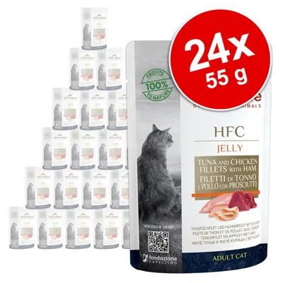 Pachet 24x55g Almo Nature HFC Jelly pentru pisici adulte, file de ton și pui cu șuncă. Text vizibil: Profits 100% to nature, fondazione Capellino, cod QR pe ambalaj.