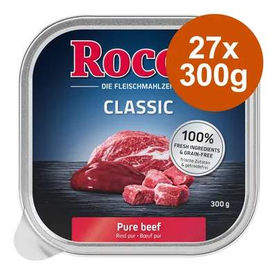 Rocco Classic Pure beef, 27x300g. 100% frische Zutaten und getreidefrei. Rind pur. Verpackung mit Fleischabbildung.