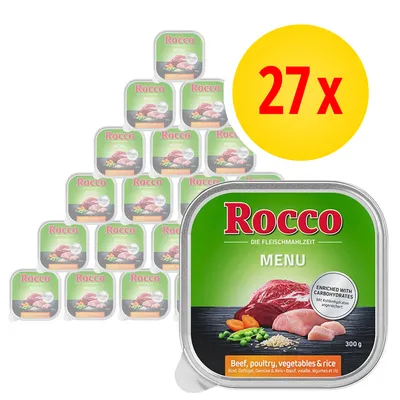27× Rocco MENU 300 g, hovězí, drůbeží, zelenina a rýže. Text: ENRICHED WITH CARBOHYDRATES. Obaly s obrázky masa, zeleniny a rýže. 27× Rocco MENU 300 g, hovězí, drůbeží, zelenina a rýže. Text: ENRICHED WITH CARBOHYDRATES. Obaly s obrázky masa, zeleniny a rýže.