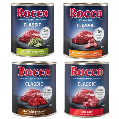 Rocco Classic 24 x 800g - Rocco Nassfutter im Sparpaket Mix (Rind pur, Grüner Pansen, Rentier, Geflügelherzen)
