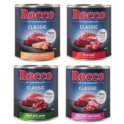 Ekonomipack: Rocco Classic 24 x 800 g - Mix: Rent nötkött,  Nötkött & vilt,  Nötkött & lax,  Nötkött & kalvhjärta