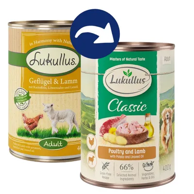 Lukullus Geflügel & Lamm con patate, tarassaco e olio di lino, 400g, senza cereali, 66% ingredienti animali.