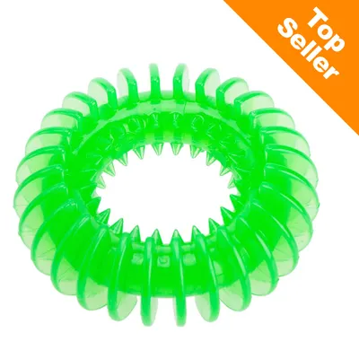 Zelený plastový kruhový žvýkací kroužek s vroubky, v pravém horním rohu oranžové pole s textem Top Seller