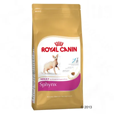 Vrećica hrane za mačke Royal Canin Sphynx Adult, vidljiv naziv brenda i proizvod, ilustracija mačke sphynx, tekst: ADULT, Sphynx, Feline Breed Nutrition.